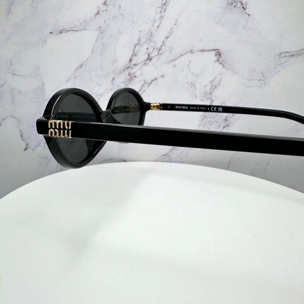 New MIU MIU Sunglasses Black Acetate Slim Round Gold Metal Logo Authentic Women - Picture 12 of 16